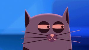 Sneaky cartoon cat from the Cram Jams Prepositions video squinting and looking off to the side.